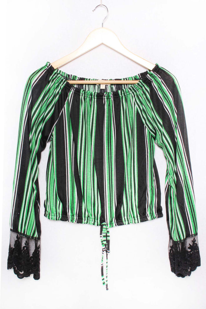 Women's Long Sleeve 2 Way Drawstring Stripes Crop Top