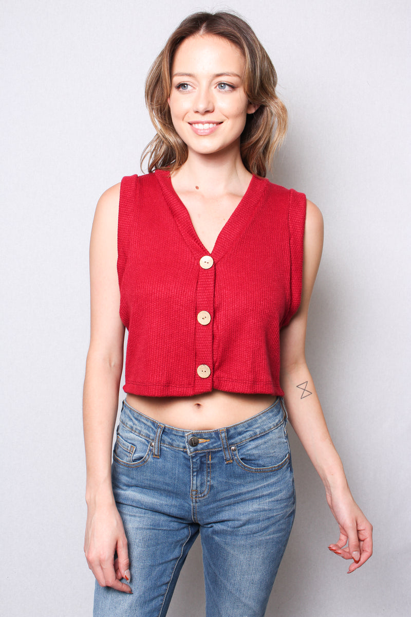 Women's Ribbed Button Front Sweater Vest Cropped Top