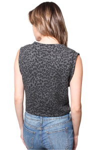 Women's Fuzzy Animal Print Button Front Sweater Vest Cropped Top