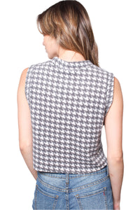 Women's Fuzzy Houndstooth Button Front Sweater Vest Cropped Top