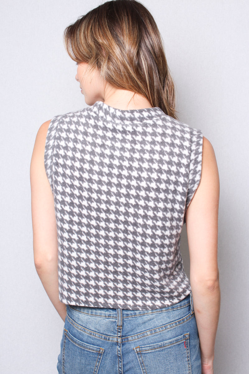 Women's Fuzzy Houndstooth Button Front Sweater Vest Cropped Top