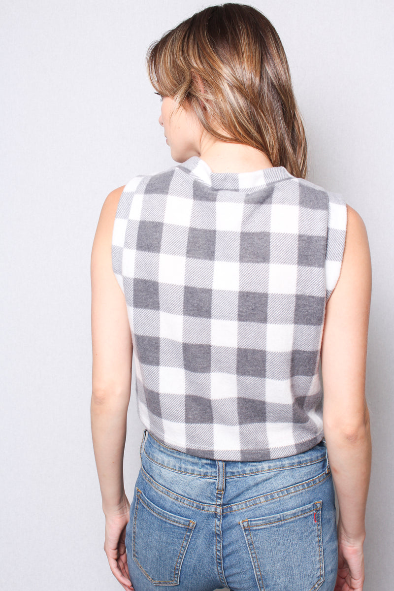Women's Fuzzy Check Button Front Sweater Vest Cropped Top