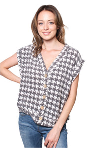 Women's Fuzzy Houndstooth Button Front Sweater Vest Top