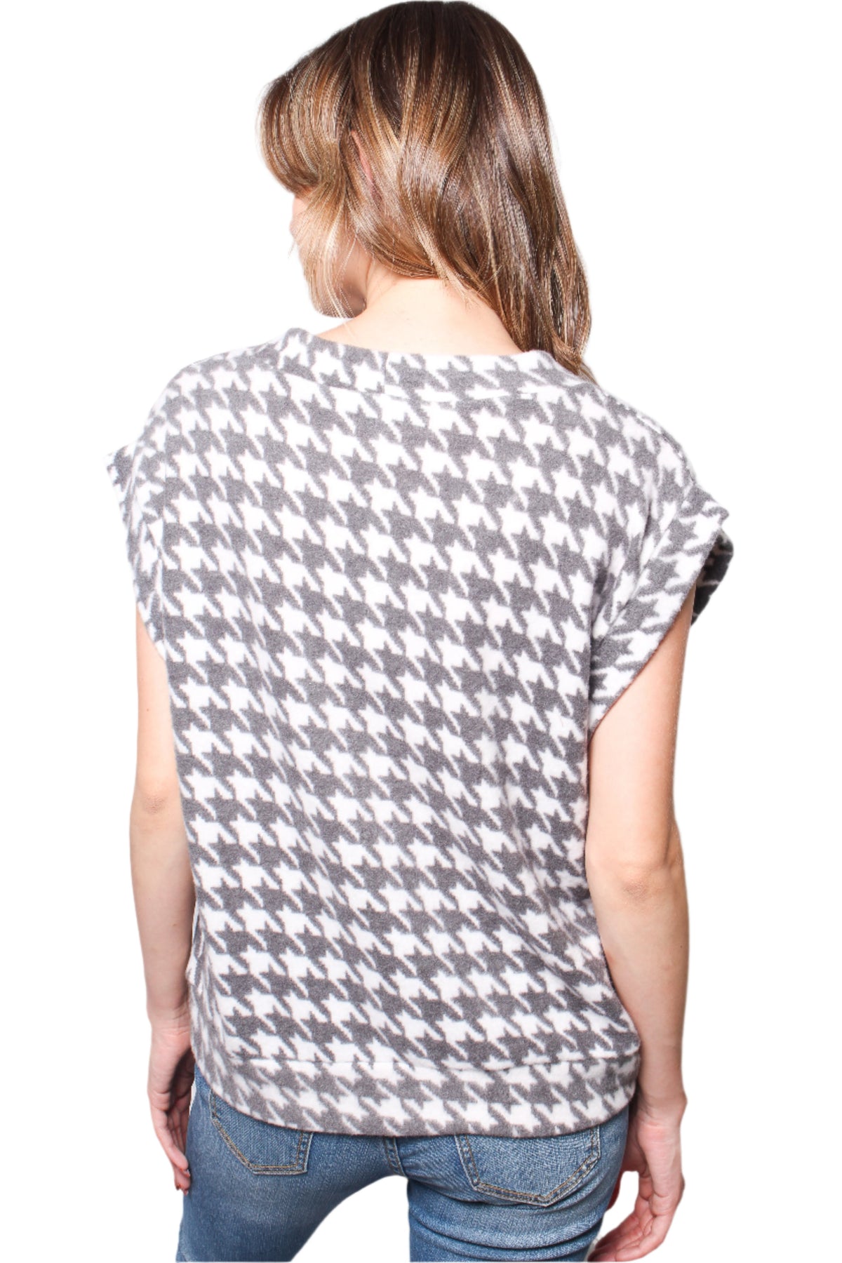 Women's Fuzzy Houndstooth Button Front Sweater Vest Top