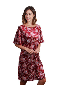 Women's Short Sleeve Crushed Velvet Floral Print Tunic Dress