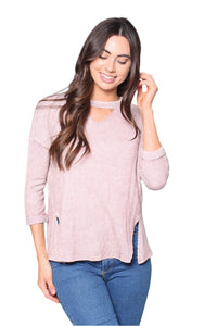 Women's Mineral Wash Cut Out Front 3/4th Sleeves Top