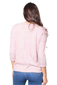 Women's Mineral Wash Cut Out Front 3/4th Sleeves Top