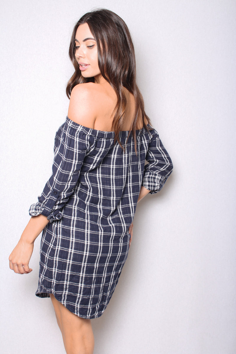 Women's Flannel Off The Shoulder 3/4th Sleeves Dress
