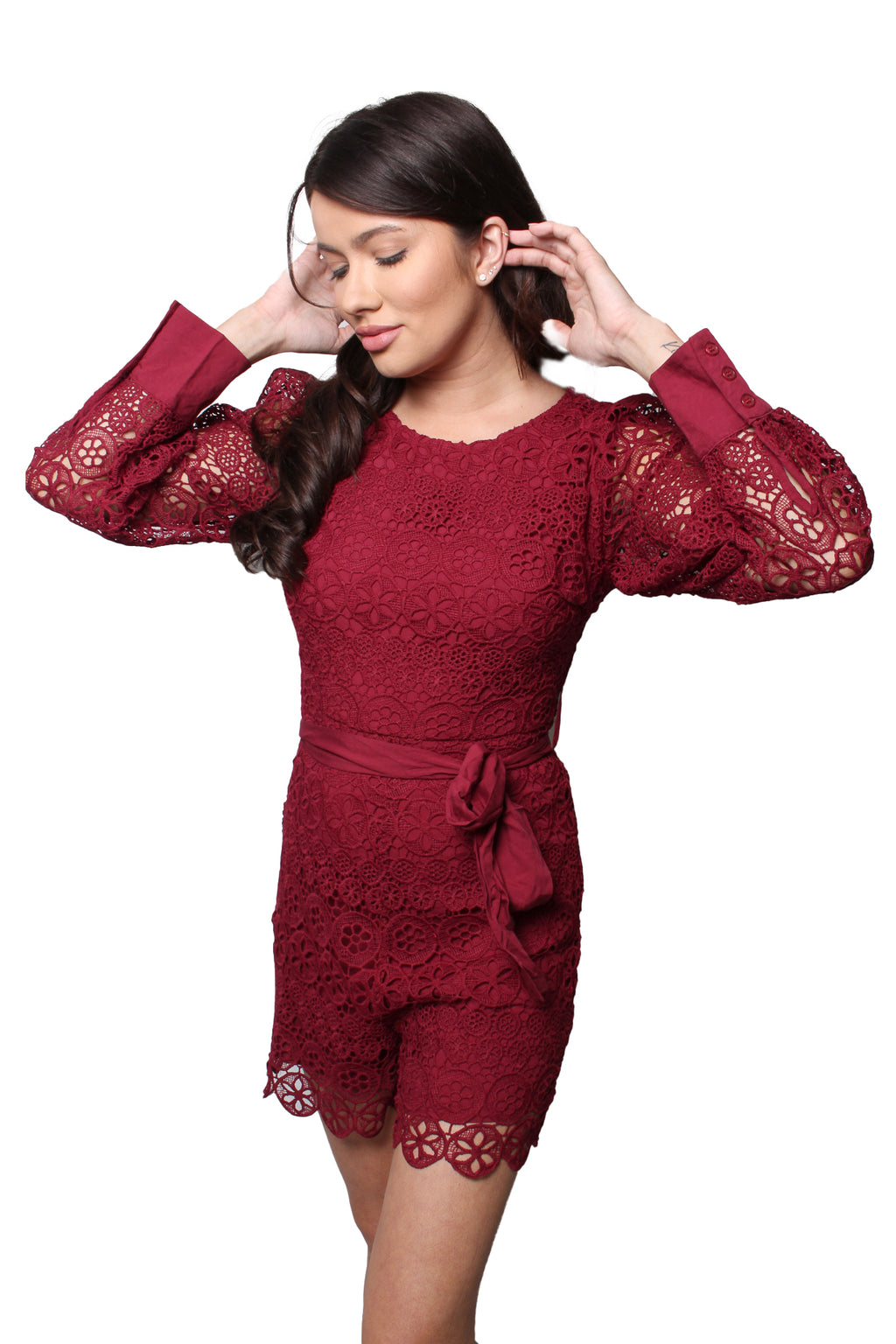 Women's Long Sleeve Round Neck Embroidered Romper