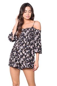 Women's Floral Print Cold Shoulder 3/4 Sleeves Romper