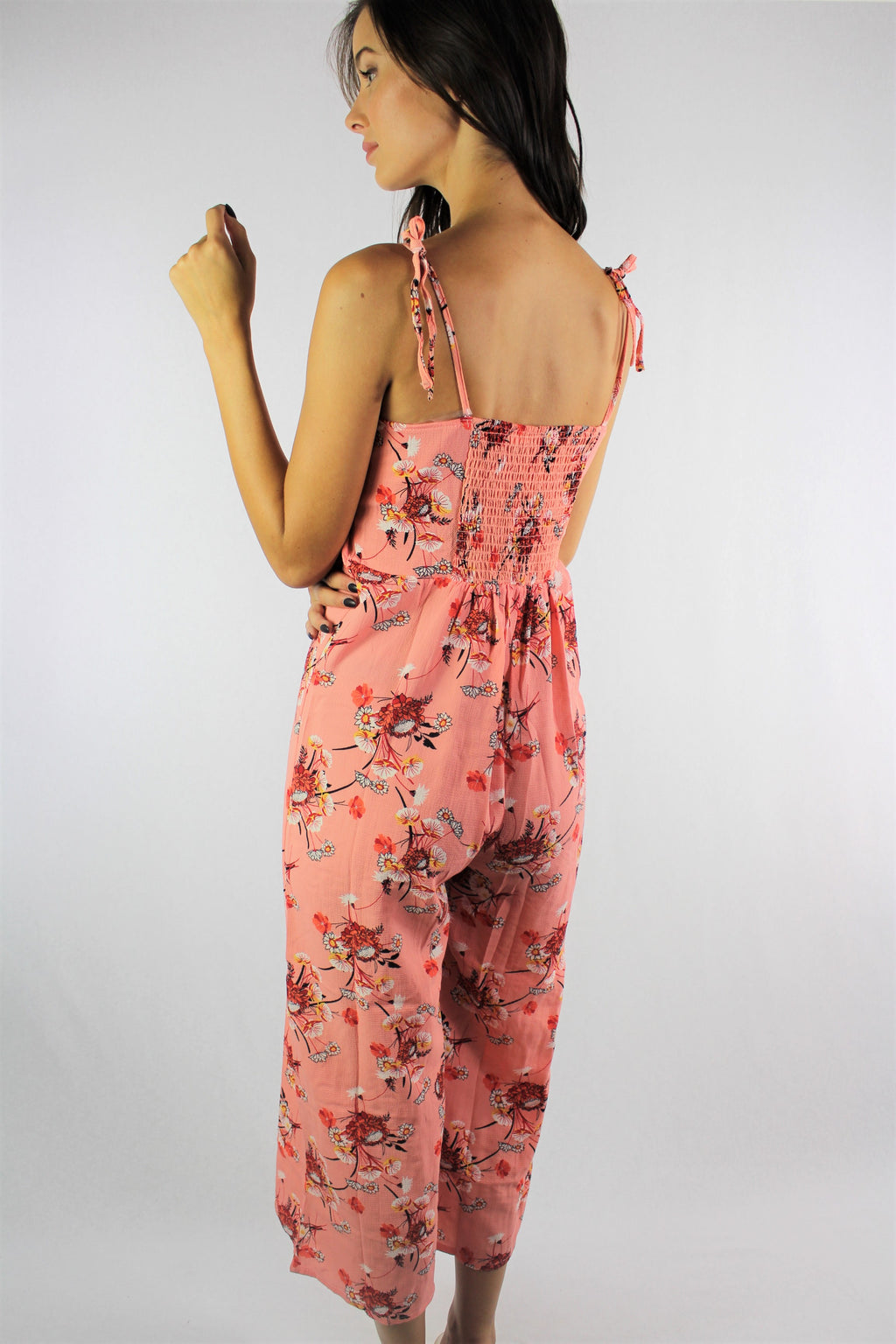 Women's Strappy Floral Print Jumpsuit with Cinched Back