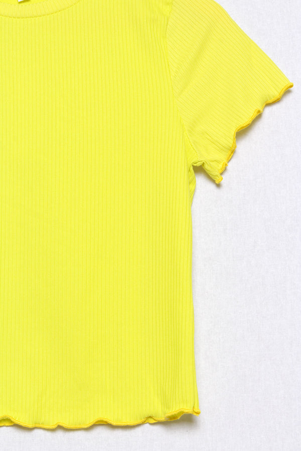 Women's Short Sleeve Round Neck Rib Knit Ruffle Top