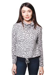 Women's Fuzzy Animal Print Cowl Neck Long Sleeves Top