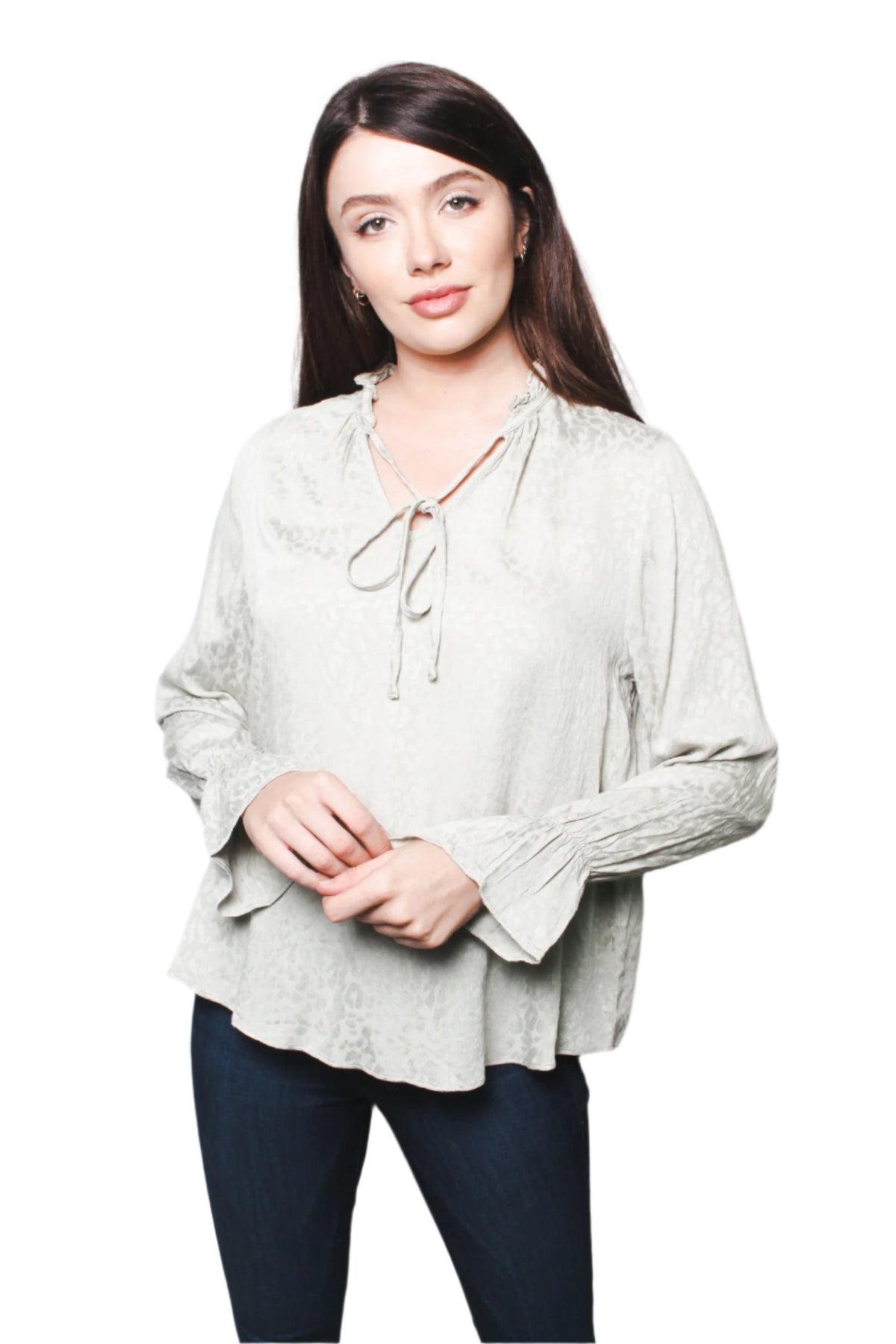 Women's Novelty Weave Ruffle Sleeves Tie Front Top