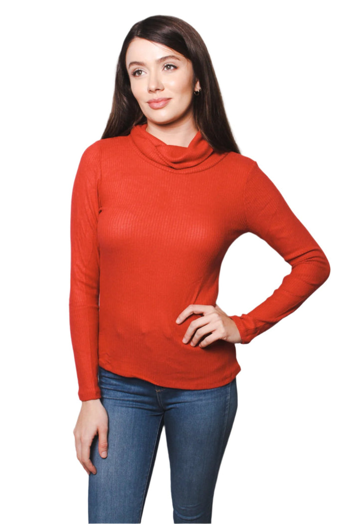 Women's Ribbed Brushed Hacci Cowl Turtleneck Long Sleeve Top