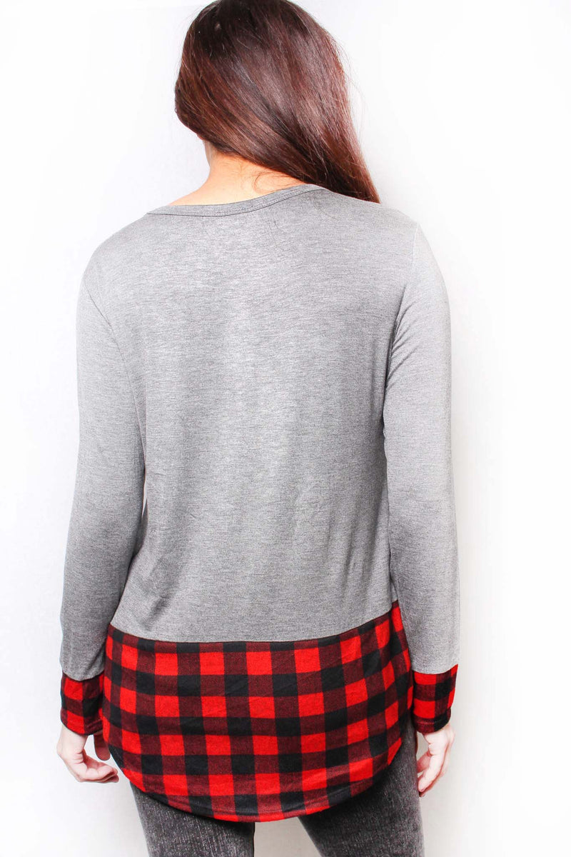 Women's Long Sleeve Round Neck Plaid Detail Top
