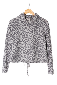 Women's Fuzzy Animal Print Cowl Neck Long Sleeves Top