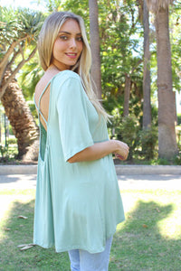 Women's Round Neck Short Sleeves Cage Open Back Flowy Tee