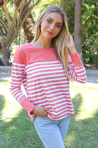 Women's Petite Round Neck Long Sleeves Stripes Top