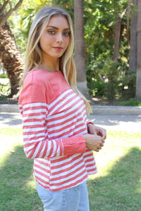 Women's Petite Round Neck Long Sleeves Stripes Top