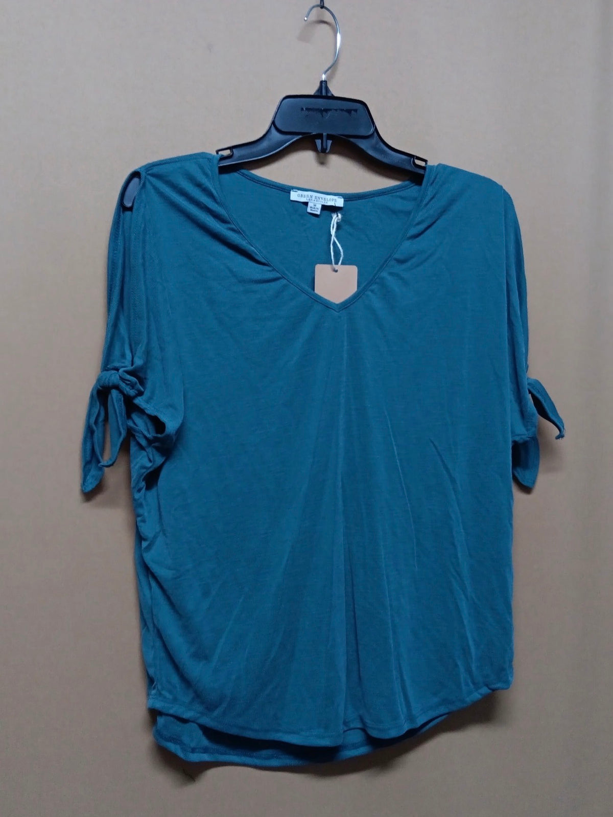 Women's Teal Micro Rib V-Neck Cold Shoulder Tie Sleeve Top