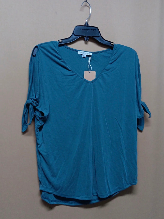 Women's Teal Micro Rib V-Neck Cold Shoulder Tie Sleeve Top