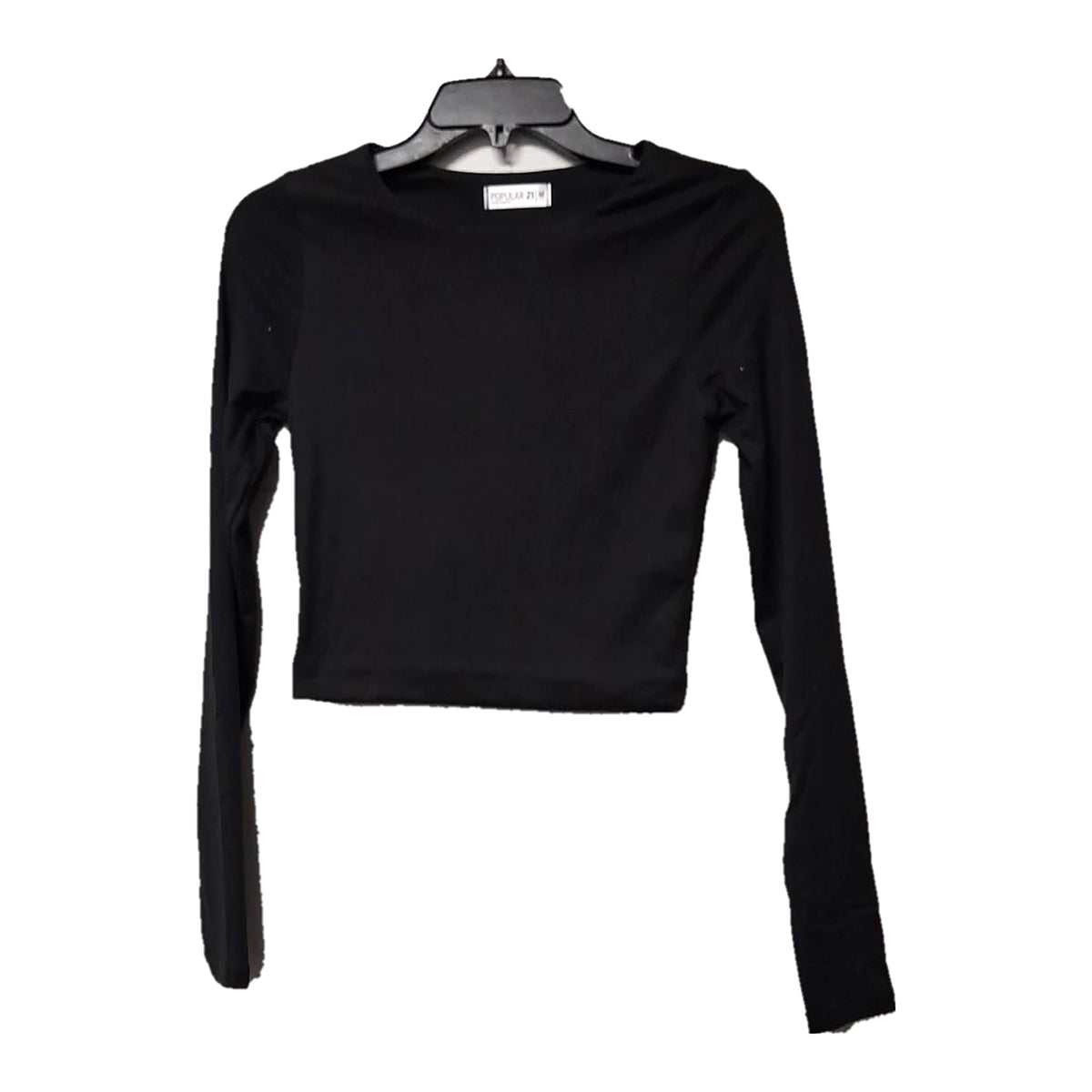 Women's Black High Neck Double Layer Rib Long Sleeve Crop Top