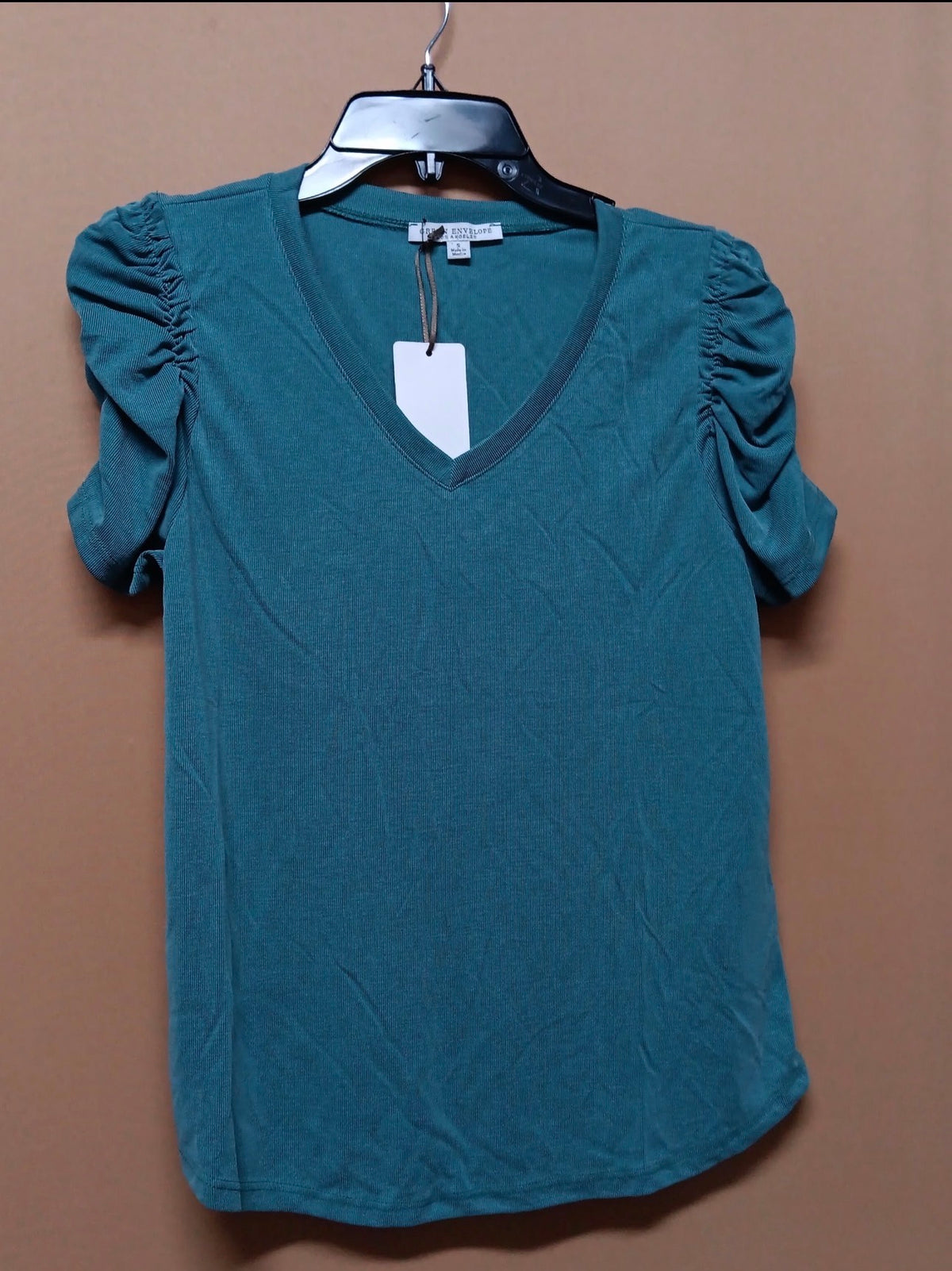 Women's Teal V-Neck Ruched Puff Sleeve Top