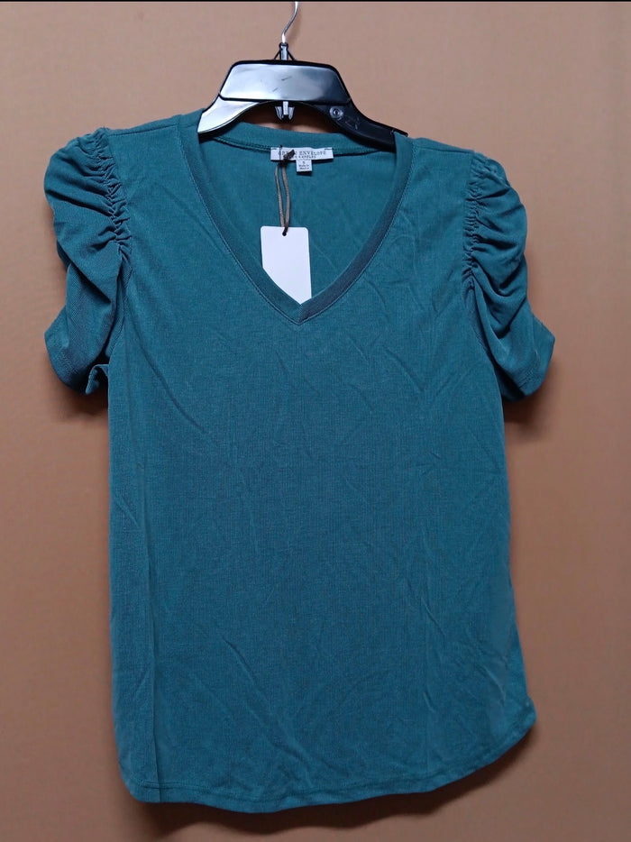 Women's Teal V-Neck Ruched Puff Sleeve Top