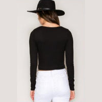 Women's Black High Neck Double Layer Rib Long Sleeve Crop Top