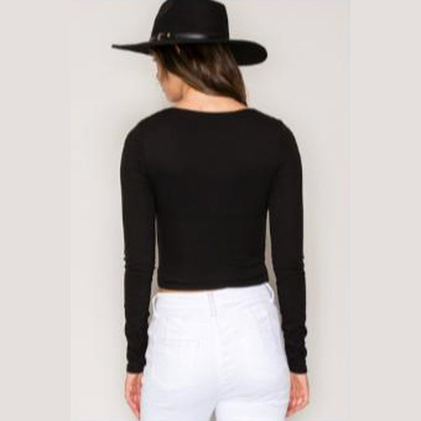 Women's Black High Neck Double Layer Rib Long Sleeve Crop Top