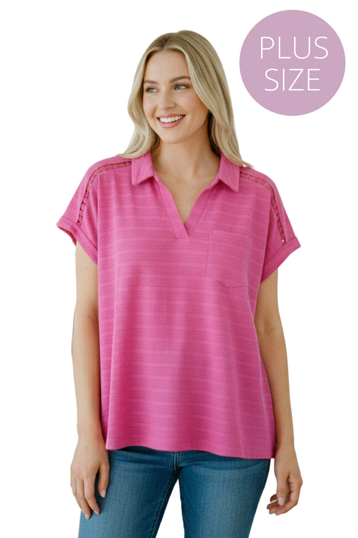 Women's Plus Short Sleeve Textured V Neck Top