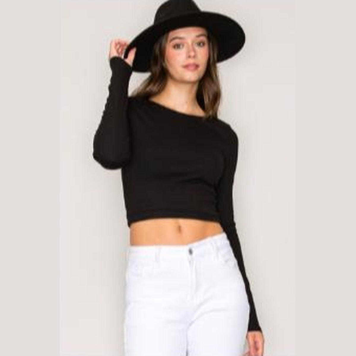 Women's Black High Neck Double Layer Rib Long Sleeve Crop Top