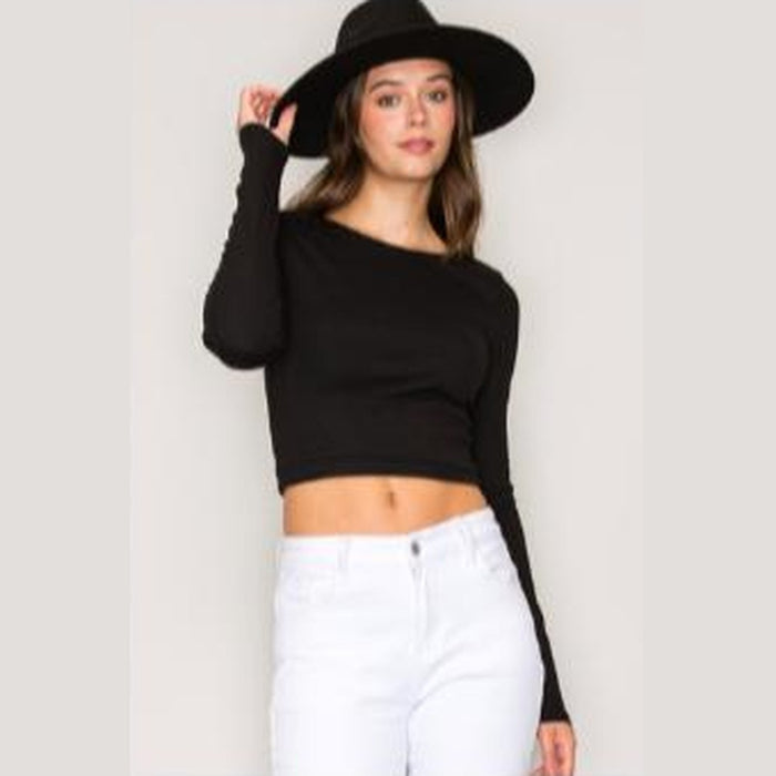Women's Black High Neck Double Layer Rib Long Sleeve Crop Top
