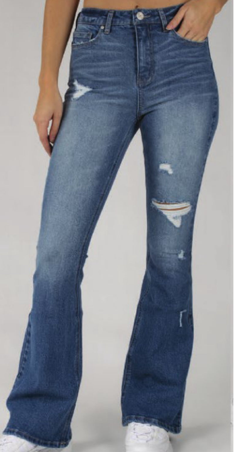 Women's High Waist Flare Hem Tattered Jeans