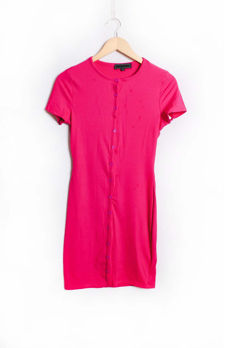 Women's Short Sleeve Button Down Ribbed Mini Dress