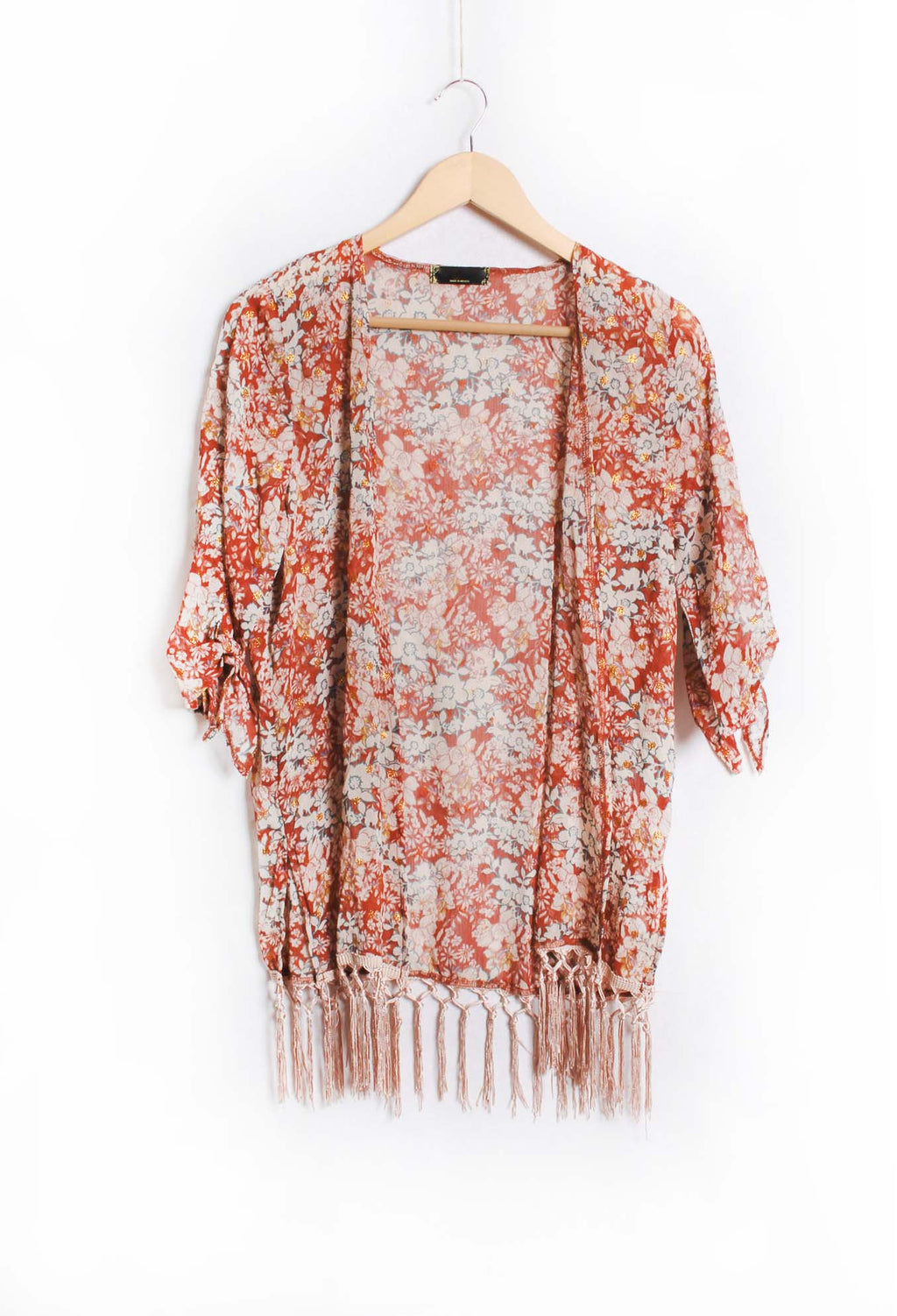 Women's 3/4 Sleeve Open Front Floral Cover Up Fringe Kimono