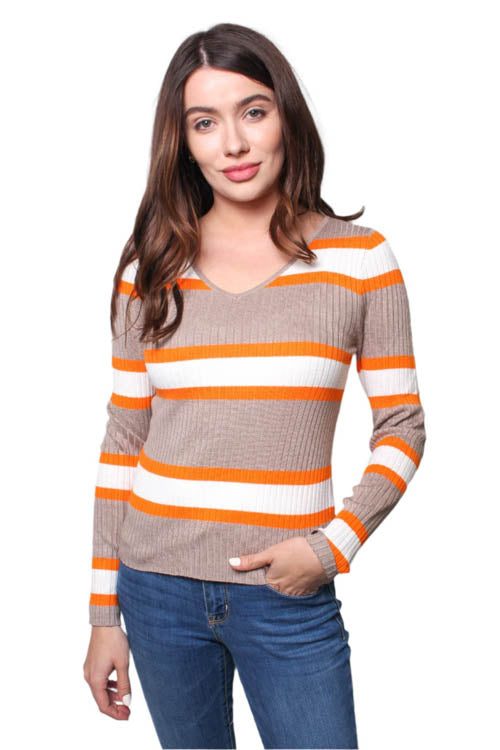Women's Long Sleeves V Neck Ribbed Stripes Top