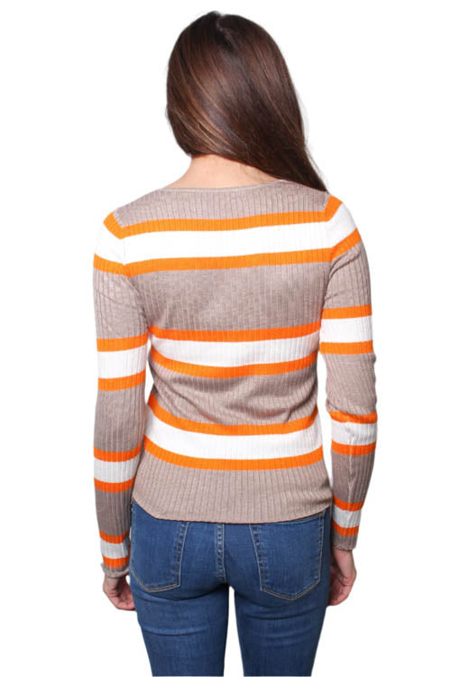 Women's Long Sleeves V Neck Ribbed Stripes Top
