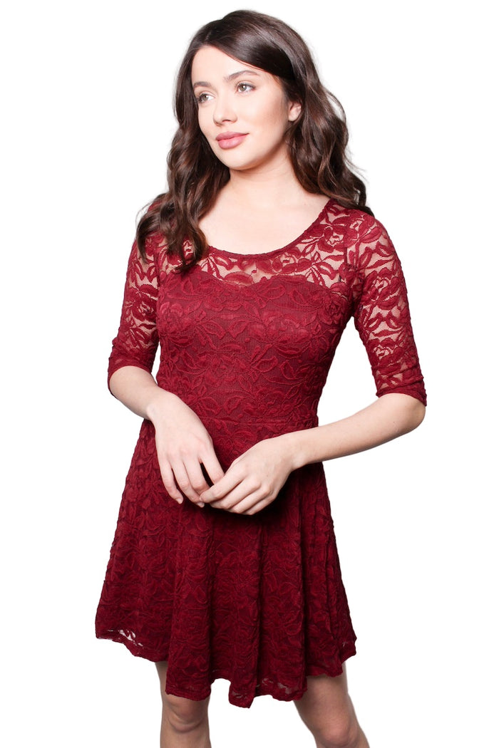Women's Round Neck Short Sleeve Lace Mini Skater Dress