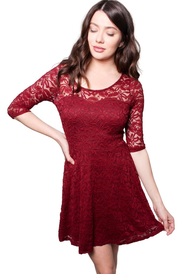 Women's Round Neck Short Sleeve Lace Mini Skater Dress