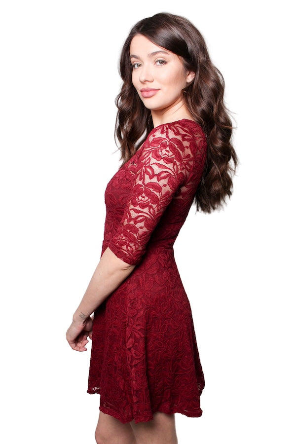 Women's Round Neck Short Sleeve Lace Mini Skater Dress