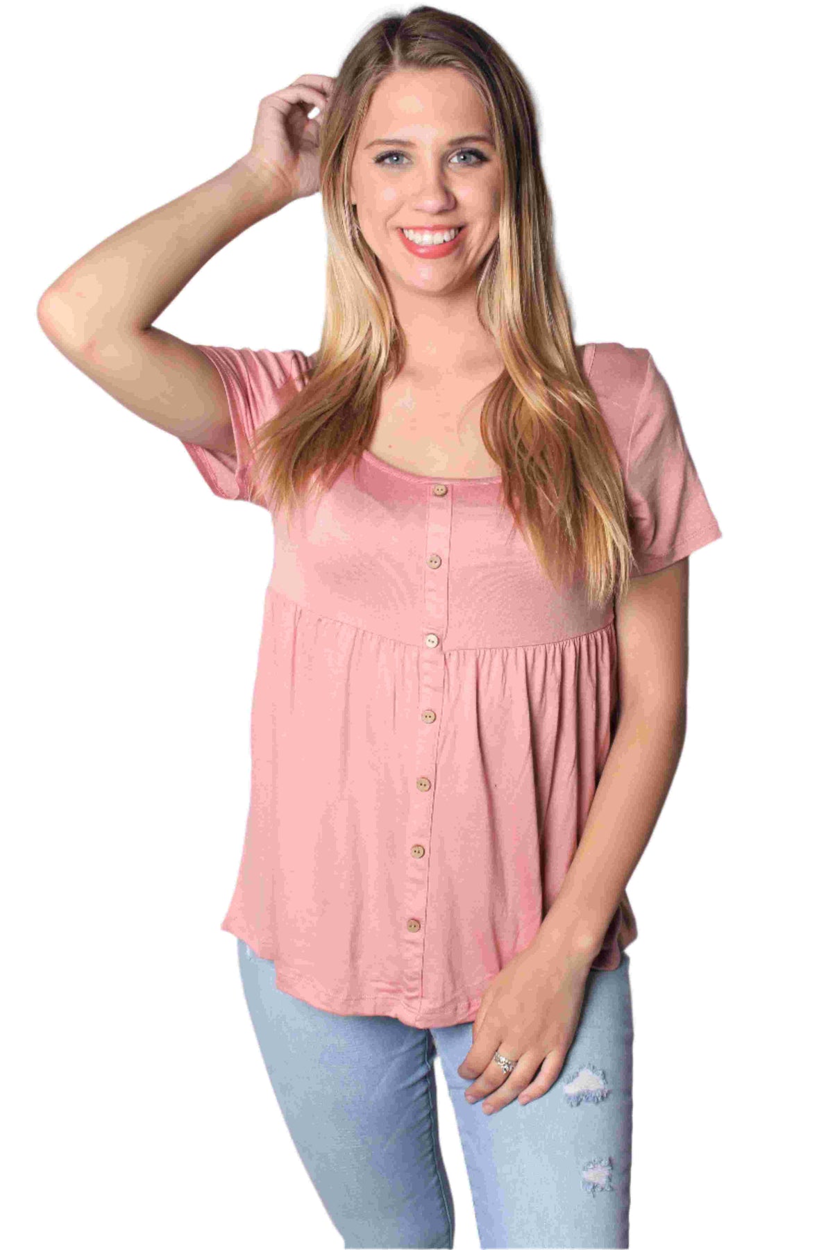 Women's Short Sleeve Solid Peplum Top with Button Design