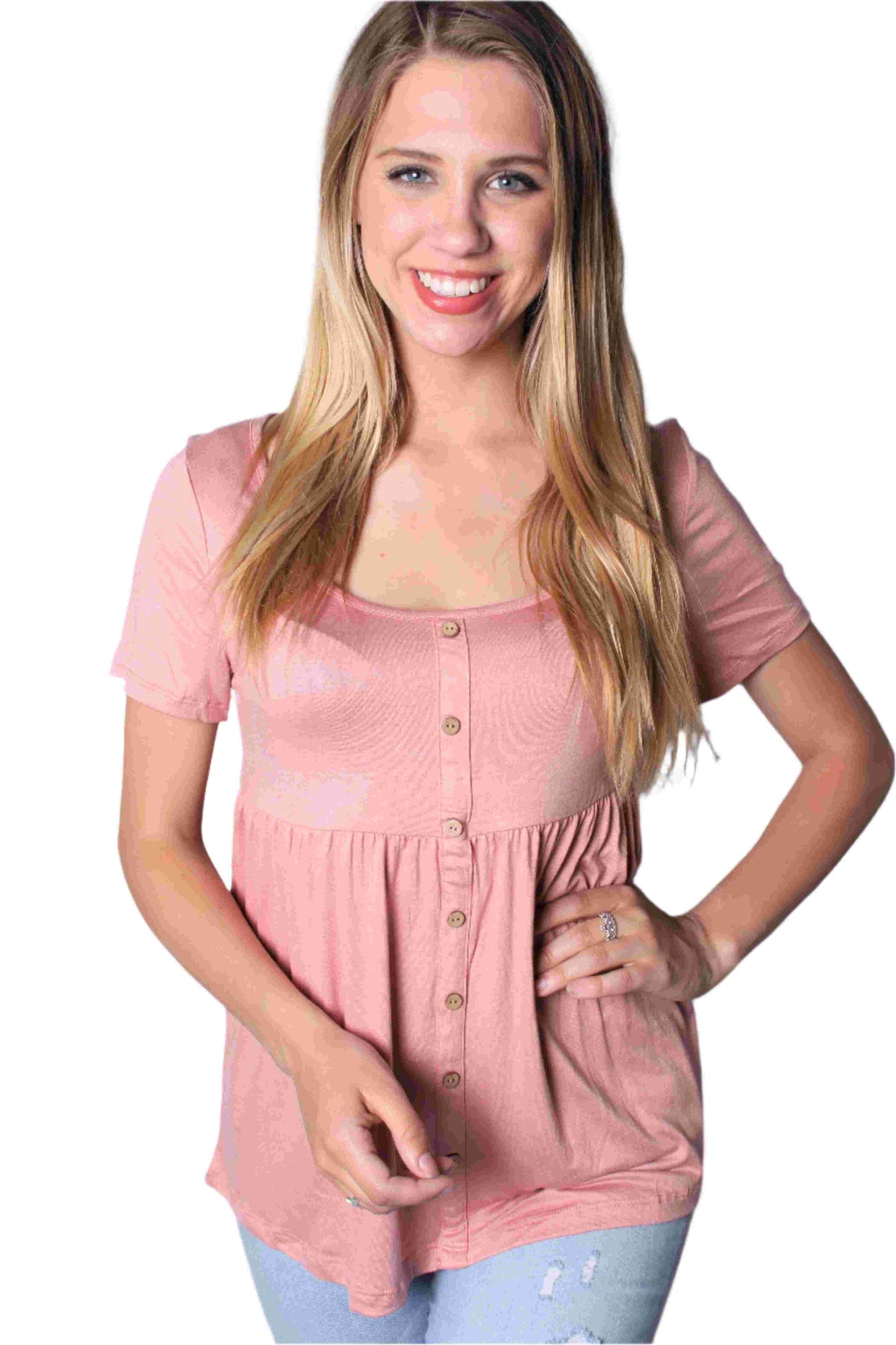 Women's Short Sleeve Solid Peplum Top with Button Design