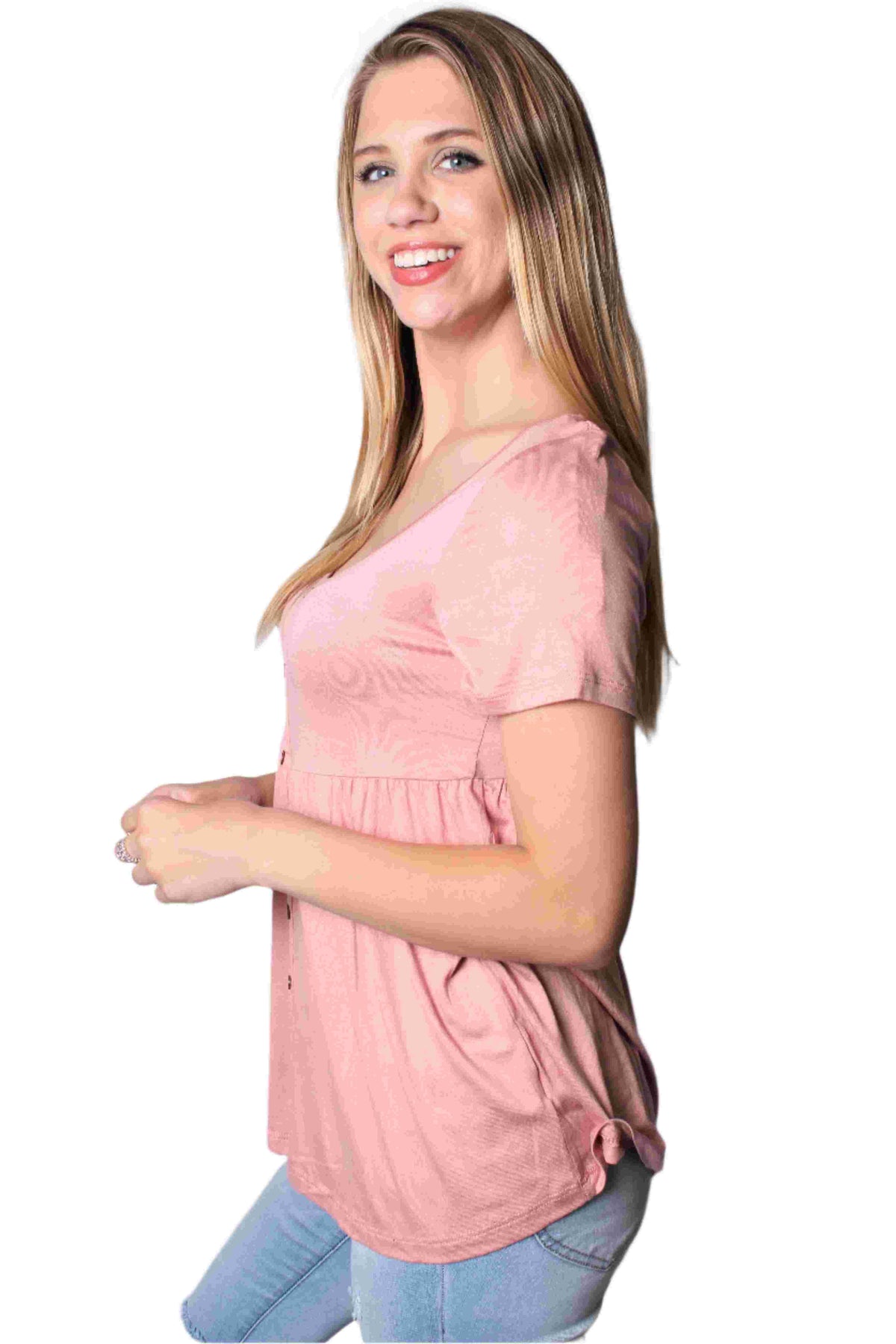 Women's Short Sleeve Solid Peplum Top with Button Design