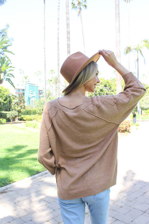 Women's 3/4 Sleeves V Neck Open Work Detail Knit Sweater Top