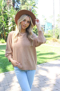 Women's 3/4 Sleeves V Neck Open Work Detail Knit Sweater Top