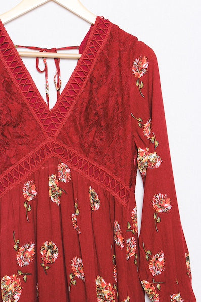Women's V Neck Long Sleeves Lace Detail Floral Mini Dress