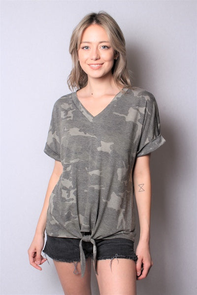 Women's Floral V Neck Top w/ Front Knot