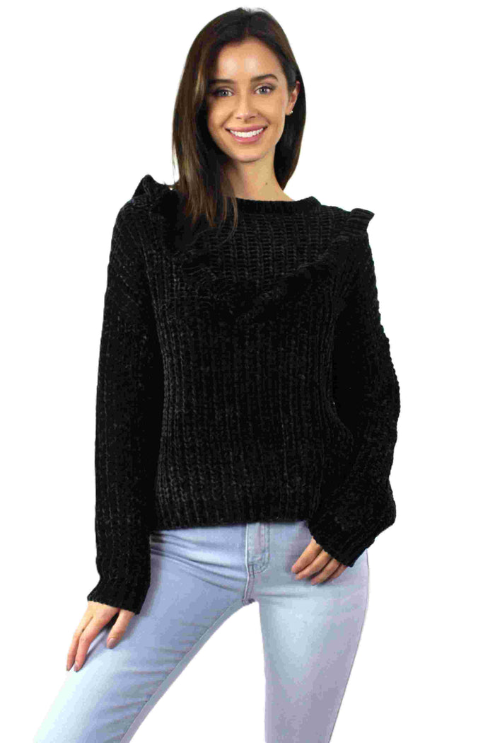 Women's Longsleeve Cable Knit Ruffle Sweater